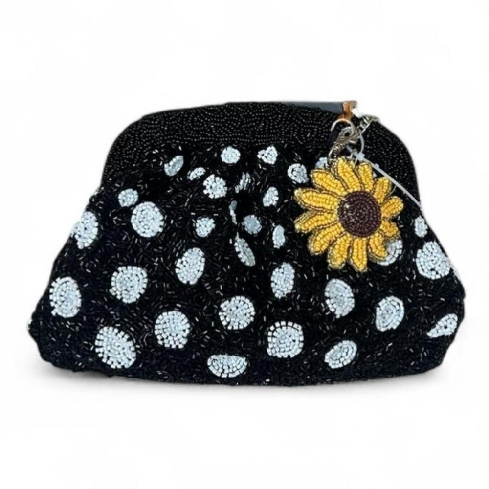 Chic Black and White Beaded Clutch with Sunflower Charm